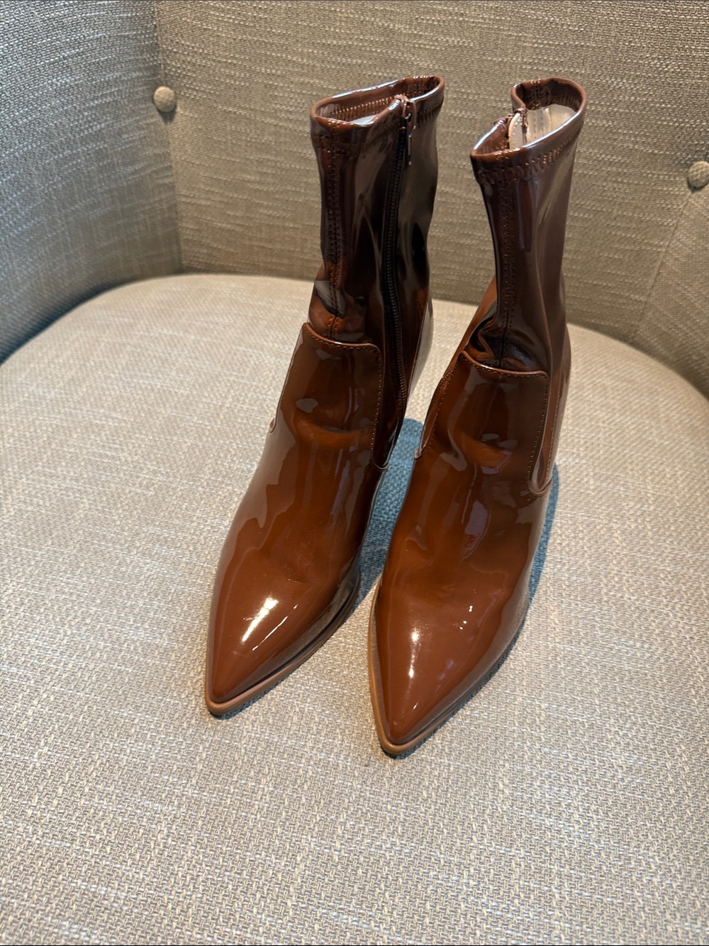 Steve Madden Glossy Pointed Toe Brown Patent Ankle Boots